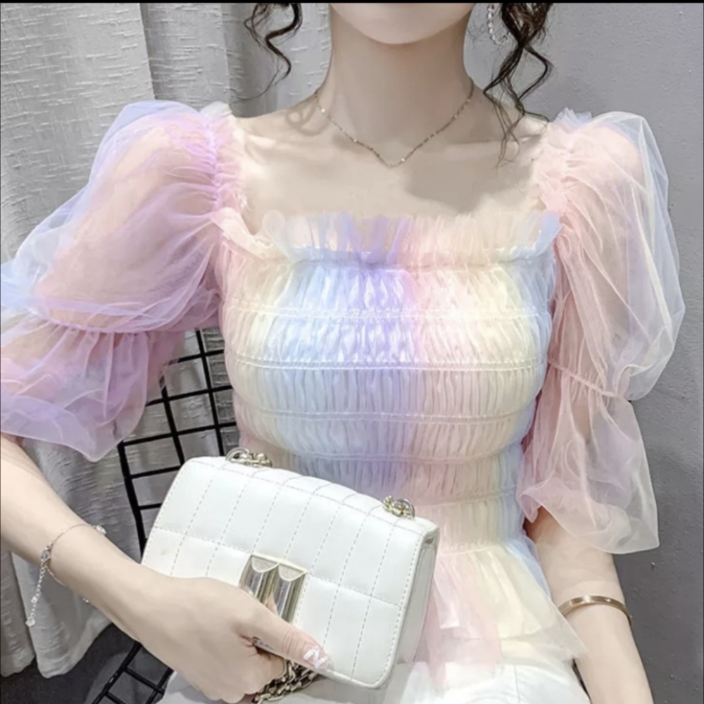 NWT Summer Rainbow Sheer Mesh Crop Top S: Small-Medium